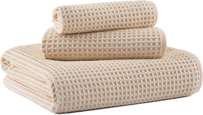 MICROFI New Microfiber Waffle Bath Towels, 3 Pieces, Oversized, Soft, Absorbent, Fast Drying, Lint Free, Includes Bath, Face and Hand Towels (Champagne) - Image 1